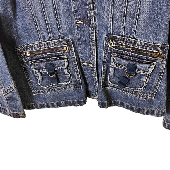 Old Navy Size XL Double-Pocket Zipper Dark Wash Denim Jacket Detail Medium Wash - Picture 7 of 11